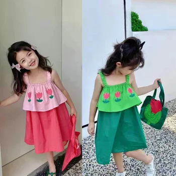 Лятното модно памучно рокля без ръкави в стил мозайка за малки момичета с чанта, сладък екипировки за деца, детска пола-комбинация 2-9 години
