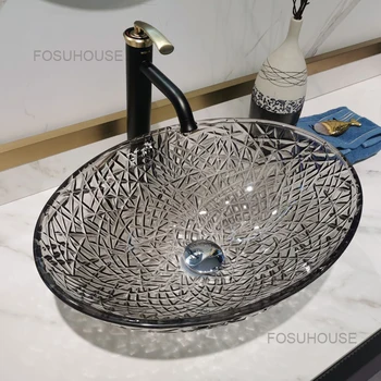 Овални стъклени мивки за баня Малки вътрешни прозрачни мивка за баня с една мивка на Кухненски мивки за миене на съдове Nordic Hand Basin