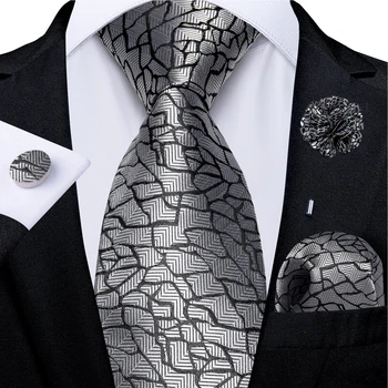 Сребристо-Черни копринени вратовръзки в клетка с назъбени пукнатини за мъже, сватбени аксесоари, вратовръзка на шията 8 см, квадратни копчета за ръкавели в джоба, подарък за мъже