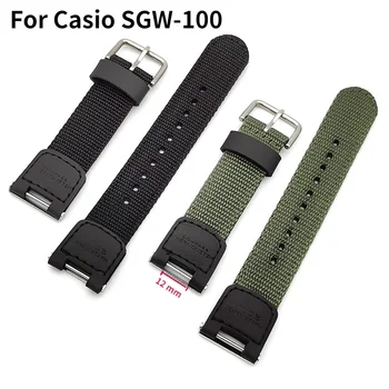 За Casio SGW100, найлонов ремък за часа, лента 12 мм с метален конектор, платно каишка за часовник, текстилен гривна във военната стил, маншет
