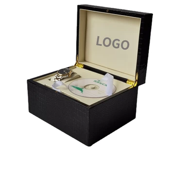 Безплатна гравиране на лого или текст Висококачествен калъф за часа от изкуствена кожа с панти капак и отделение за cd-та, дисплей за съхранение Подарък опаковки Boxs Organizador